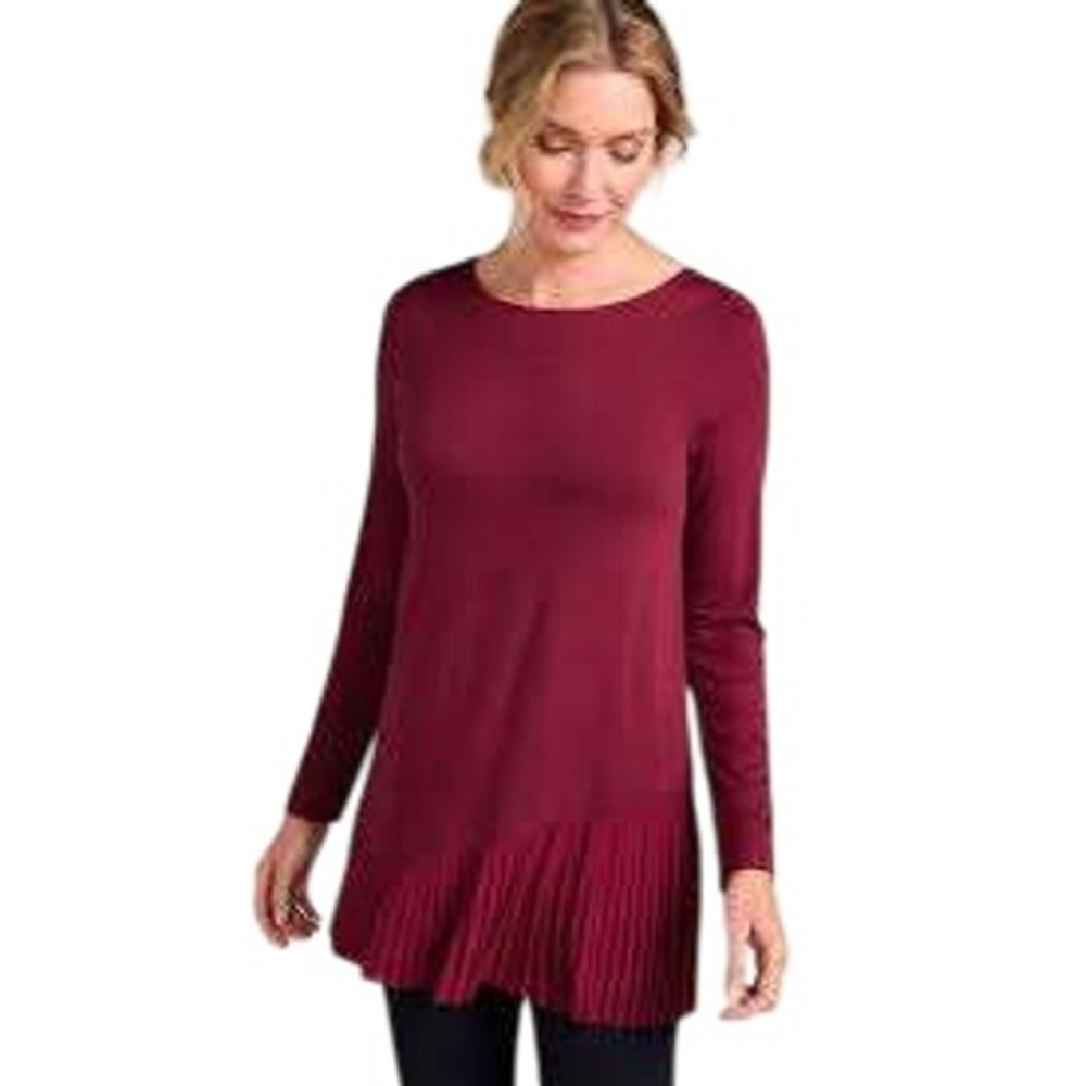 Soft Surroundings Burgundy Asymmetrical Pleated Hem Tunic‎ Top Petite XL 38386